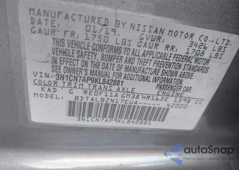 2019 Nissan Versa 1.6 Sv из США, поврежденный, VIN 3N1CN7AP9KL842881